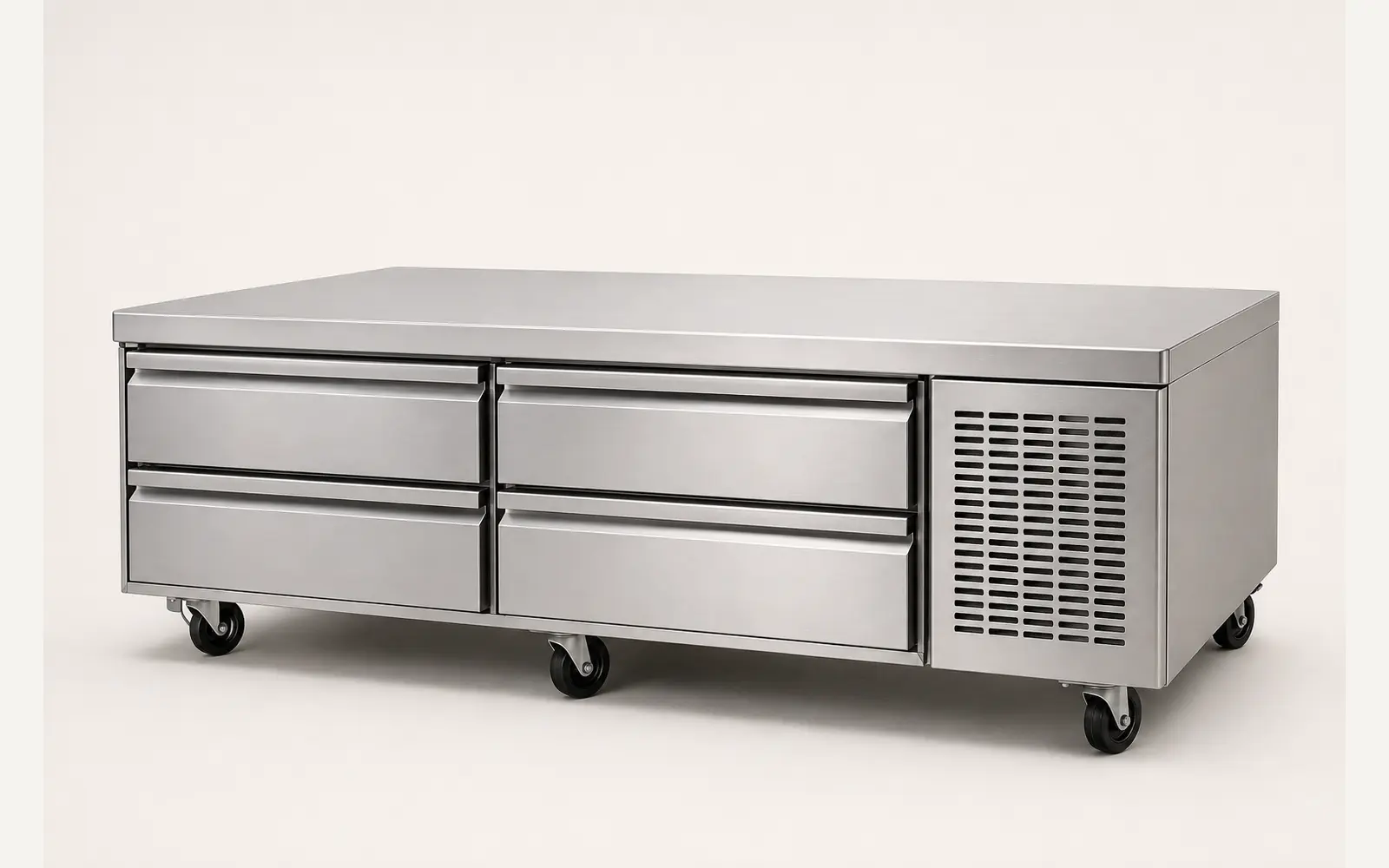Low-height stainless steel commercial refrigerated chef base with four drawers and flat top