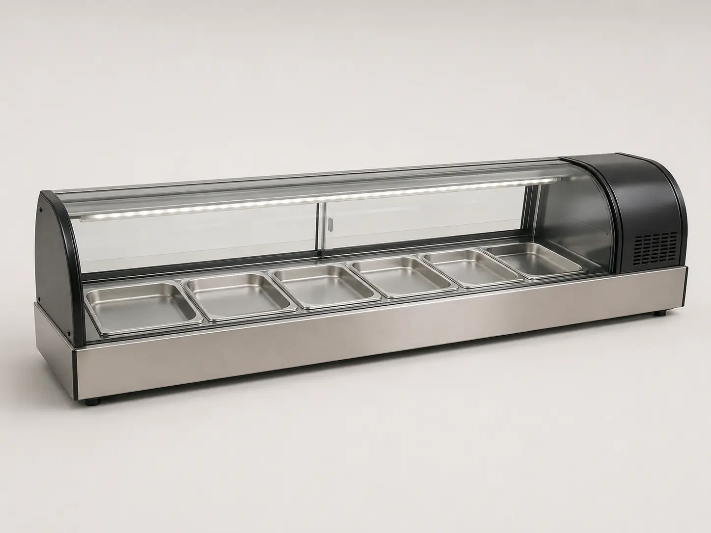 Low countertop commercial sushi display case with curved glass and six food plates