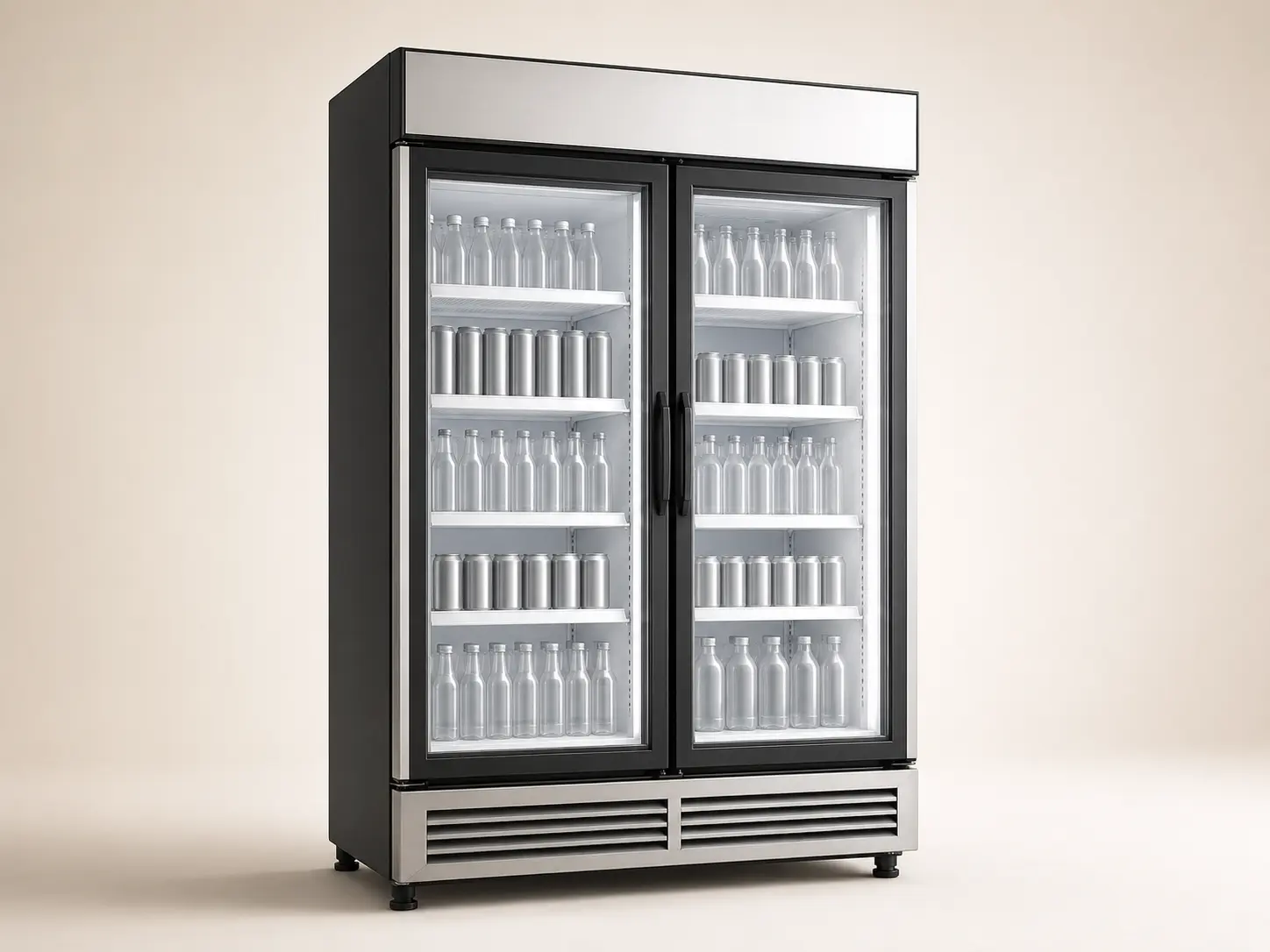 Commercial two-door glass merchandiser refrigerator with illuminated shelves