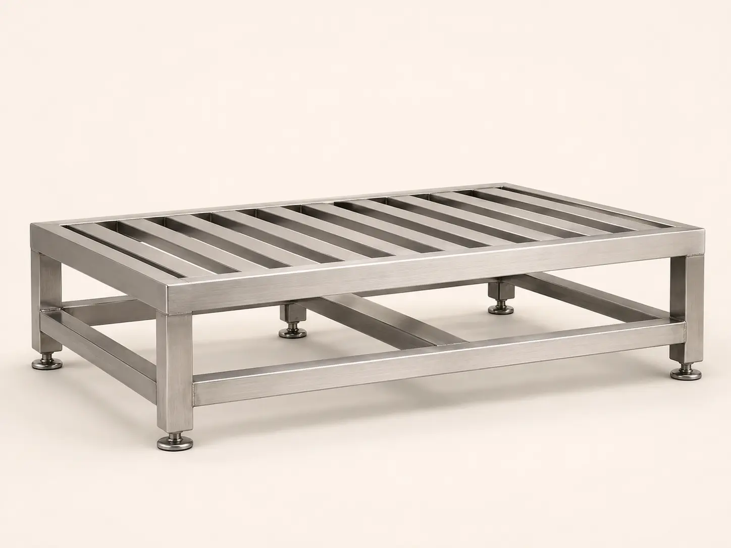 Commercial low stainless-steel dunnage rack with open slatted deck