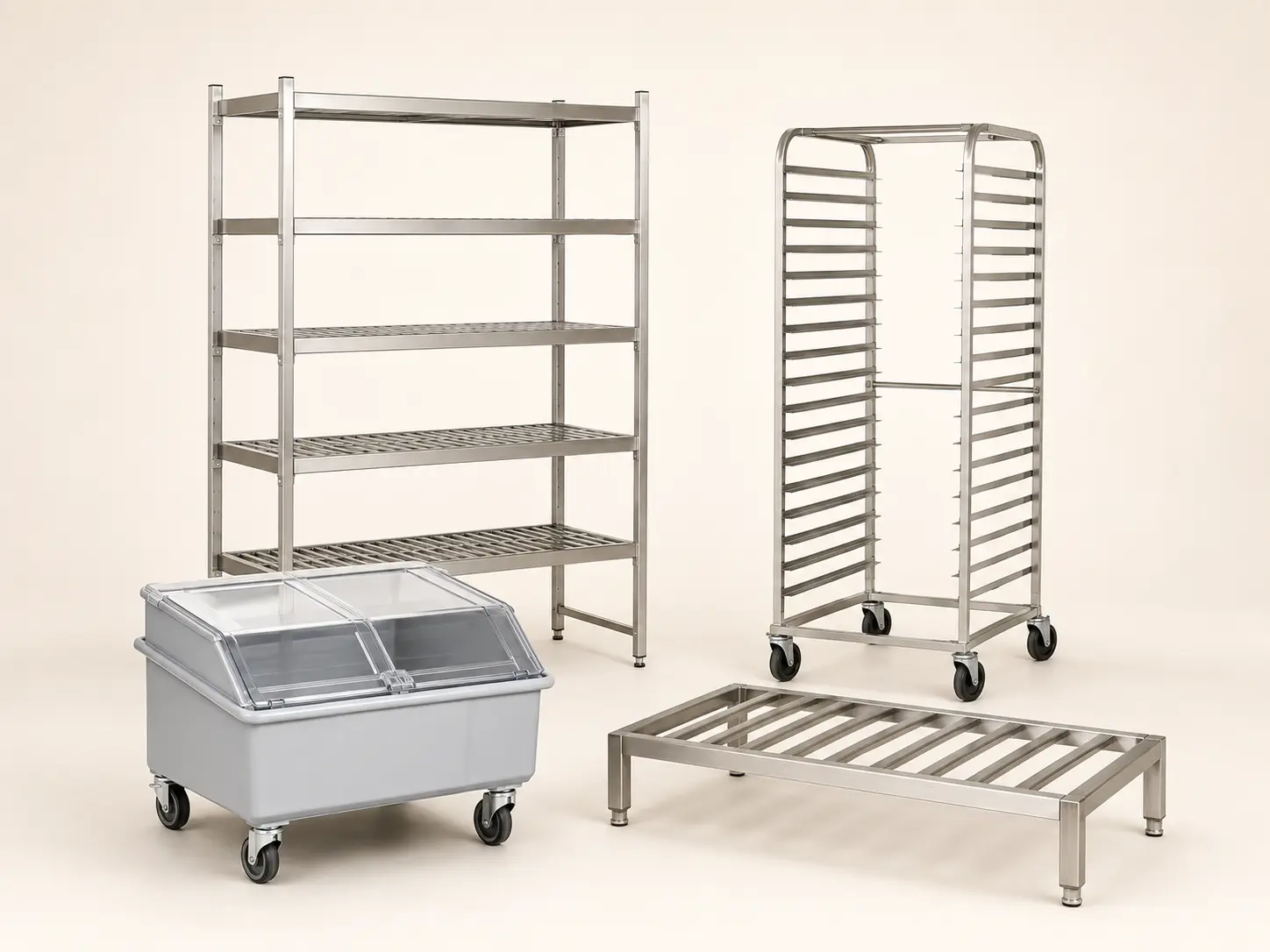 Commercial kitchen storage equipment including shelving, ingredient bin, sheet pan rack and dunnage rack