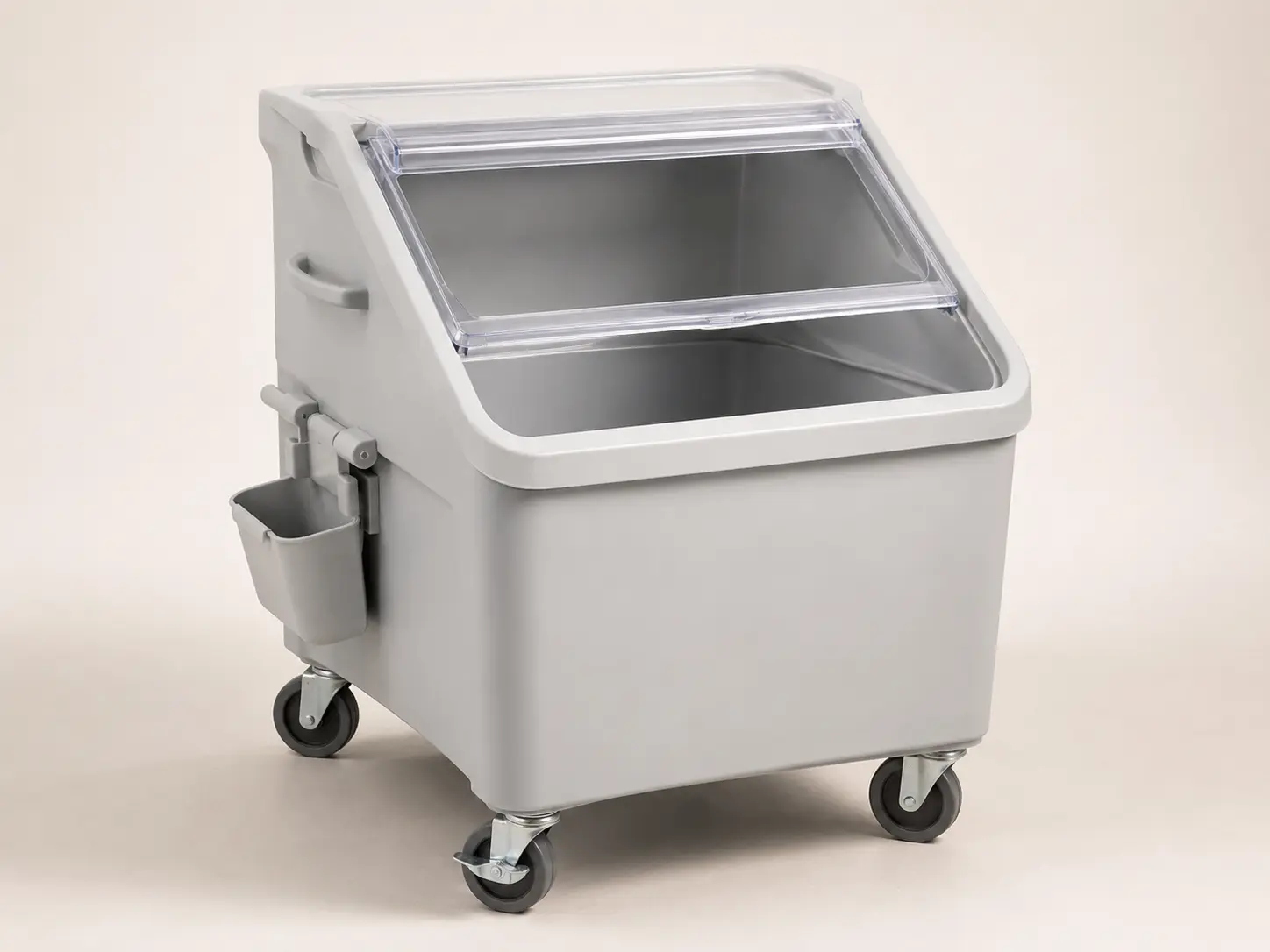 Commercial mobile ingredient bin with clear sliding lid, scoop holder and casters