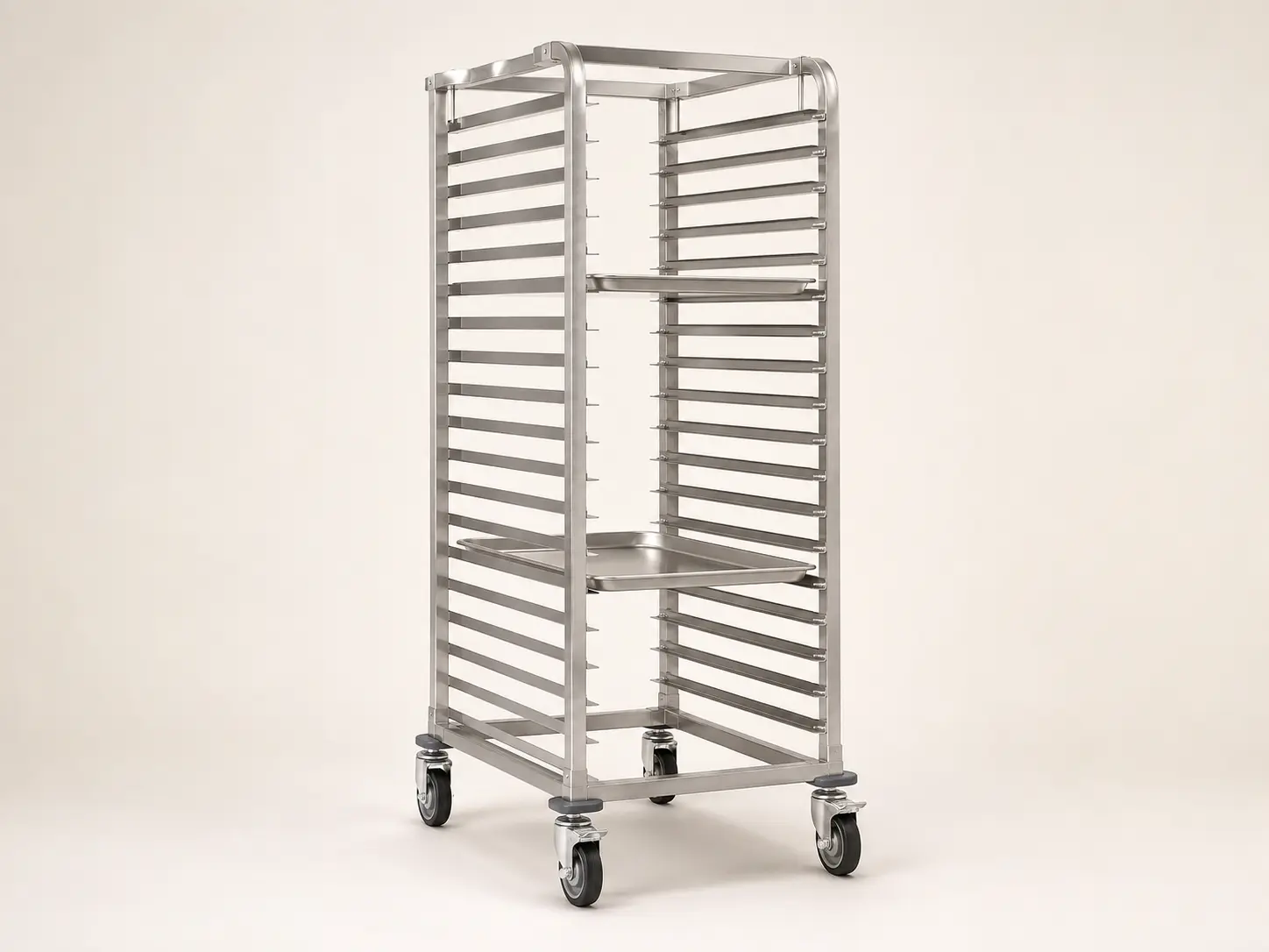 Commercial full-height stainless sheet pan rack trolley with two empty pans