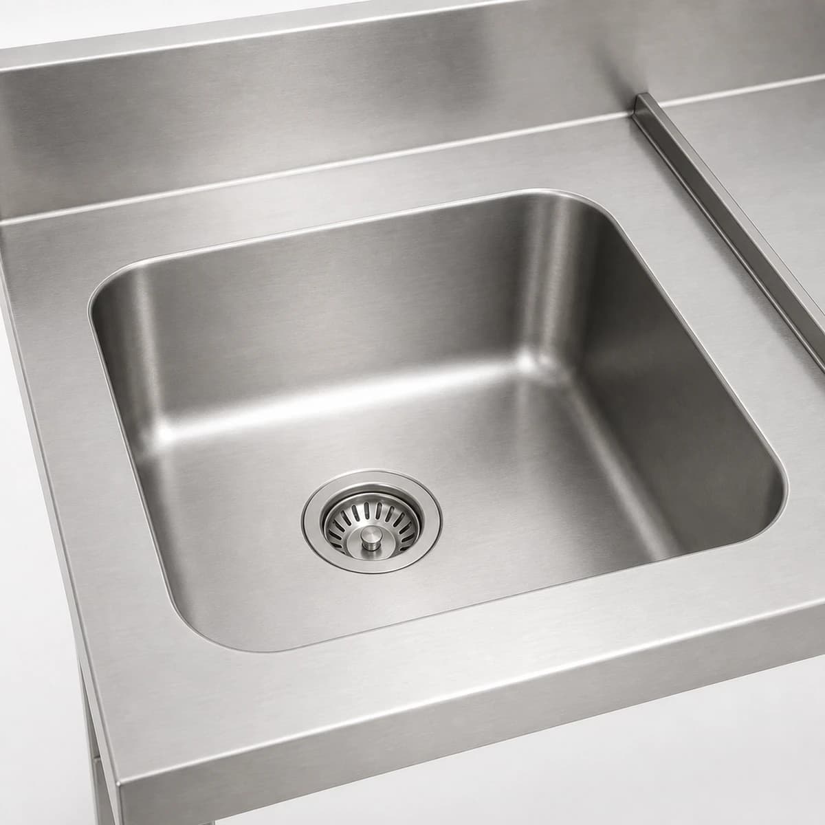 Close-up of the integrated stainless steel sink bowl, drain and removable strainer