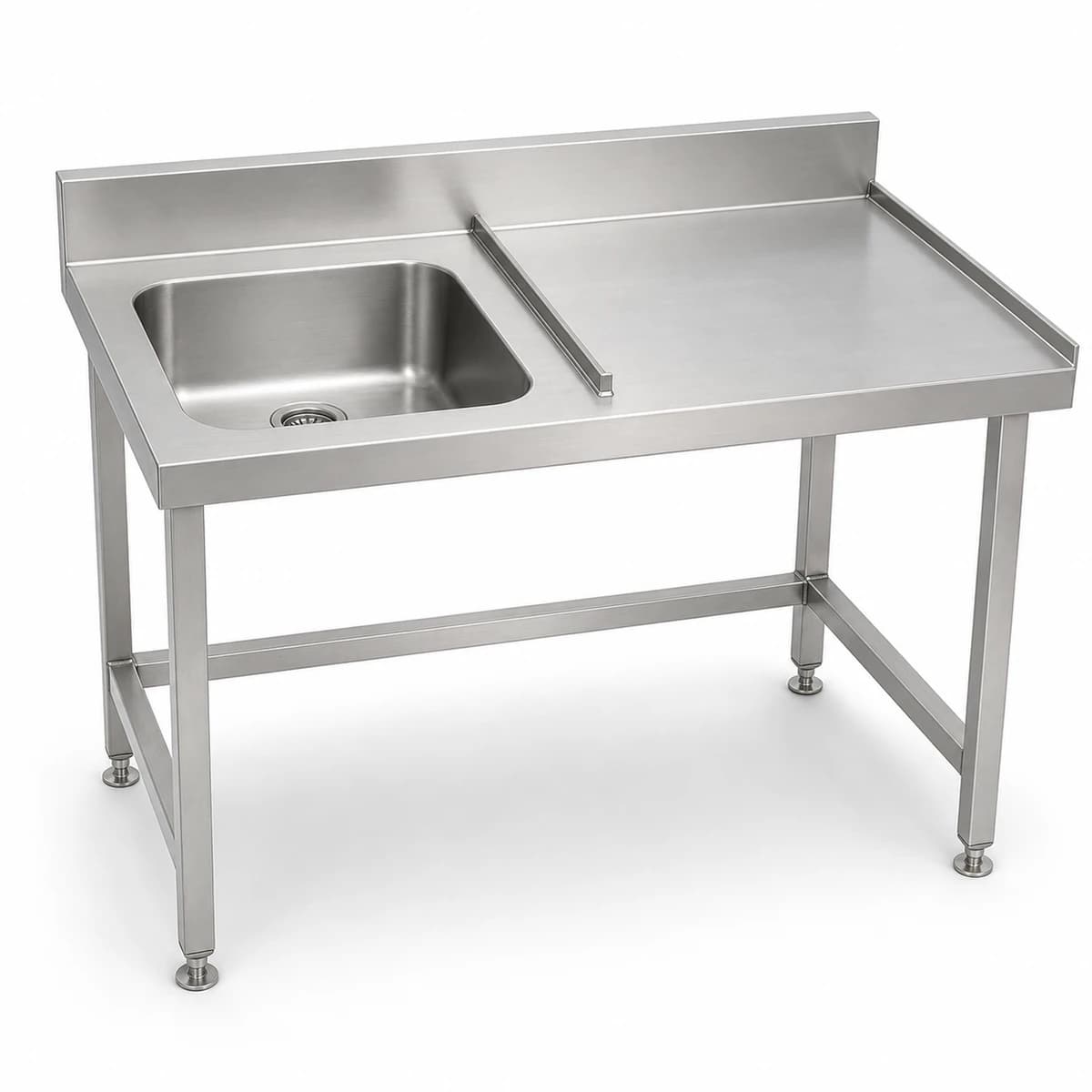 Stainless steel dishwasher inlet table with a left-side sink and right-side dishwasher connection area