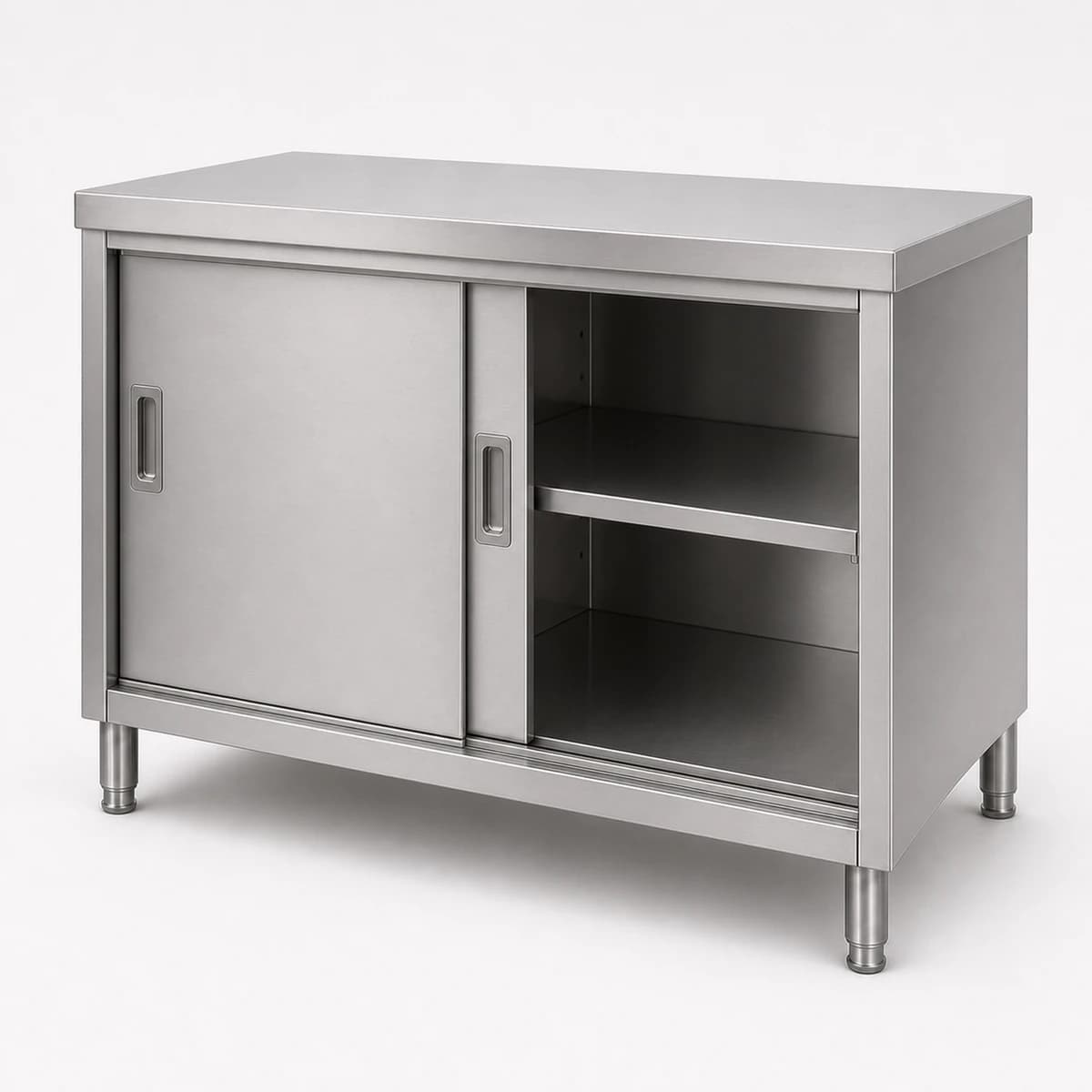 Stainless steel base cabinet with one sliding door open to show the internal shelf